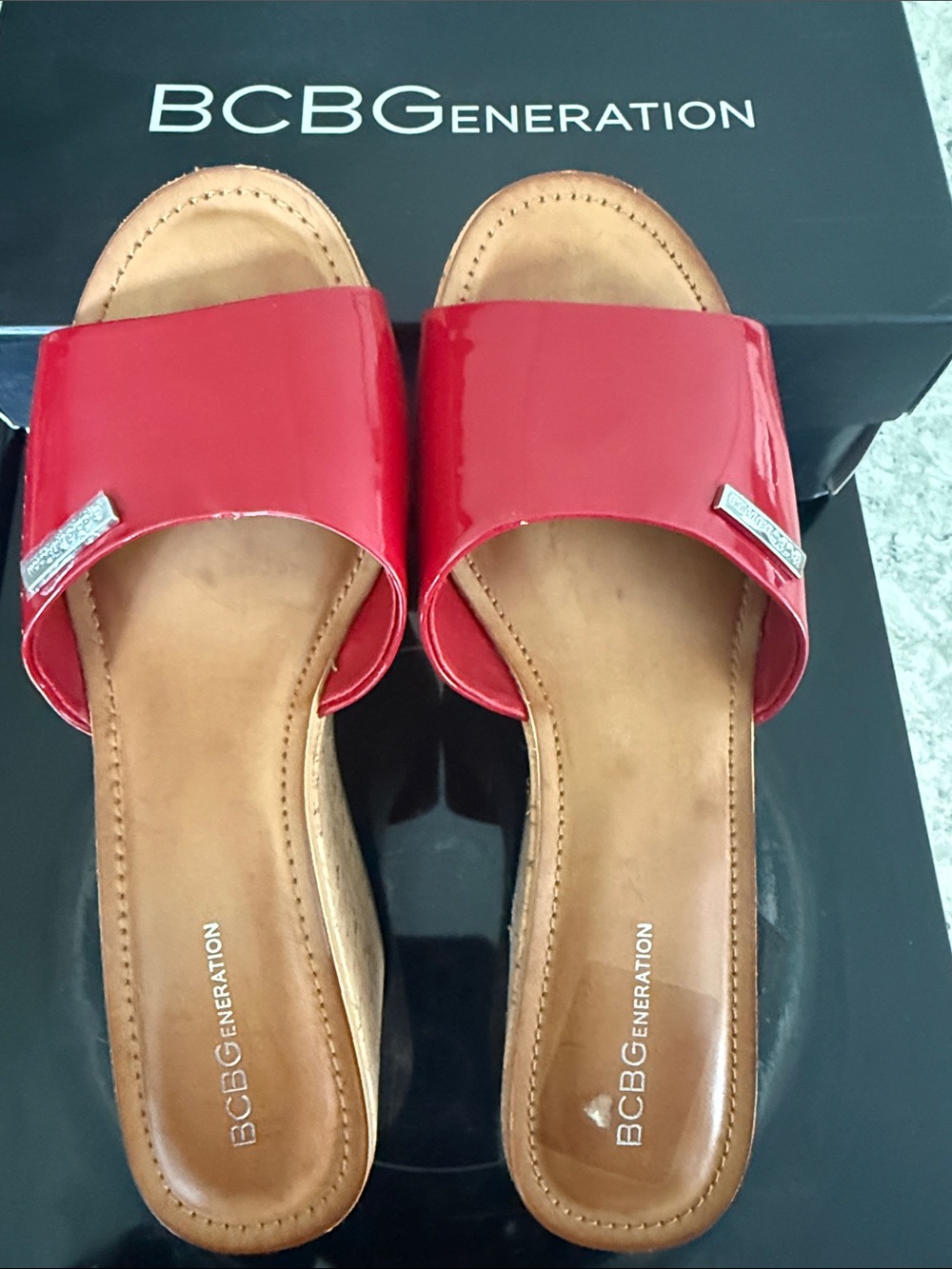 BCBGeneration Red Patent Slide Sandals with Tan Footbed